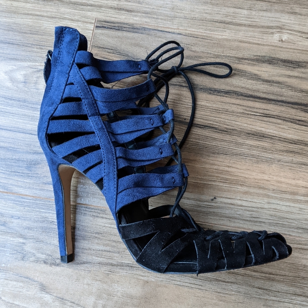 Zara Blue & Black Tie Cage Bootie Heel